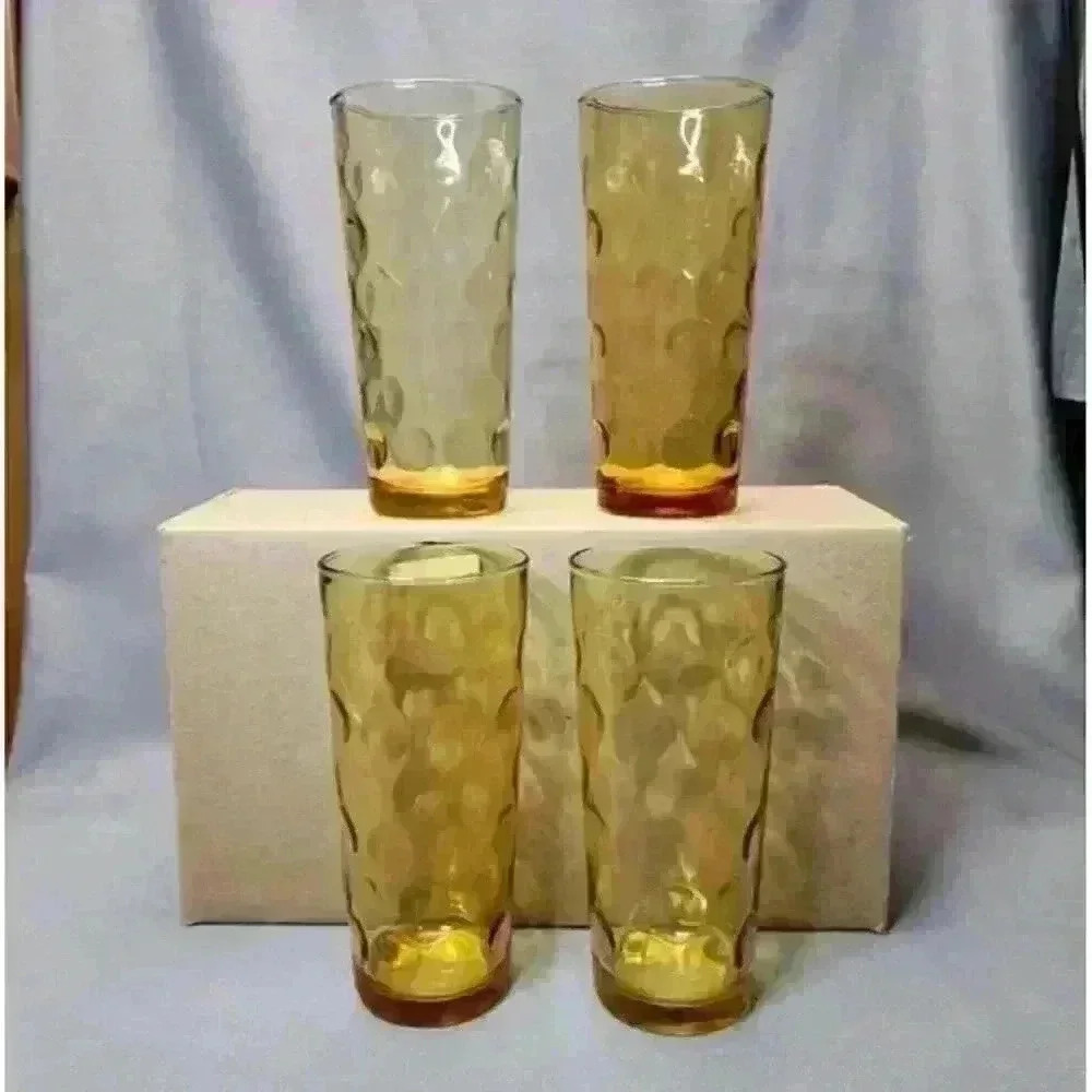 Hazel Atlas Tumblers Coolers 16 oz Amber Glass Granada Gold Hazelware Glasses x4 - Picture 3 of 6